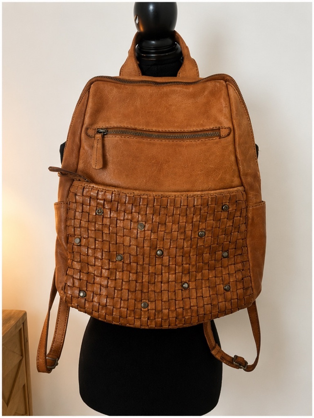 ZOA Genuine Leather Woven Backpack Cognac Brown Studded Boho Bag - Picture 2 of 16